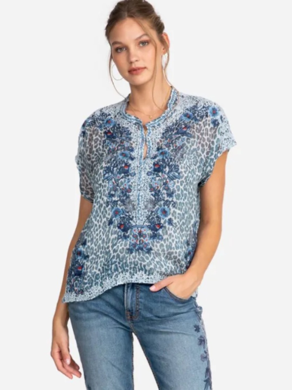 Johnny Was Light Blue Floral-Embroidered Short Sleeve Blouse